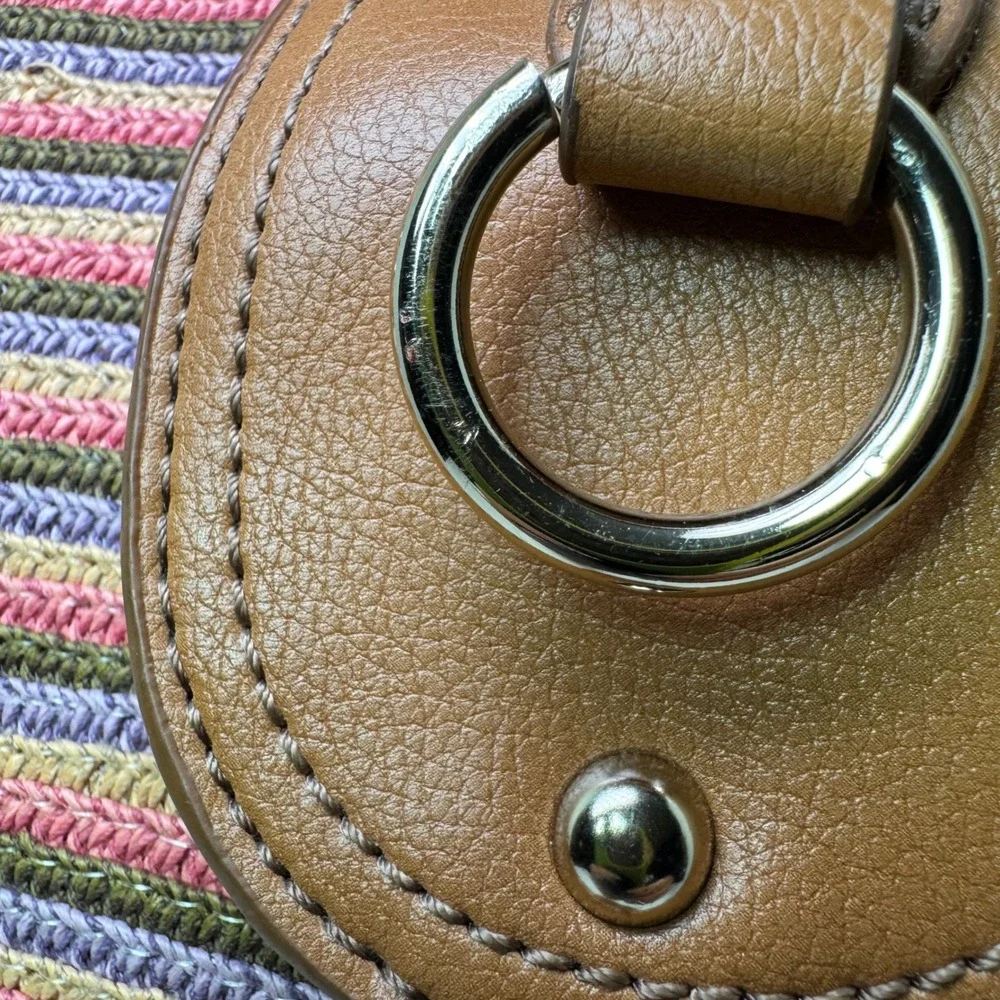 Liz Claiborne Woven Striped Multicolor Tote Shoulder Bag Tan Faux Leather Straps